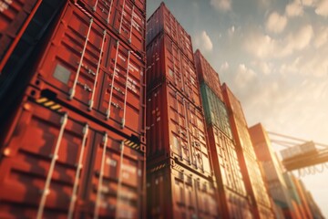 A tall red container sitting next to a tall building. This image can be used to depict industrial or urban scenes