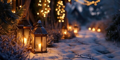 A row of lanterns sitting on top of a snow covered ground. Can be used for winter decorations or festive occasions