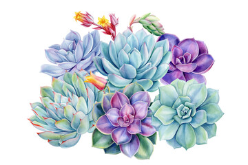 Succulents bouquet, echeveria watercolor painting illustrations isolated background, purple plants composition poster