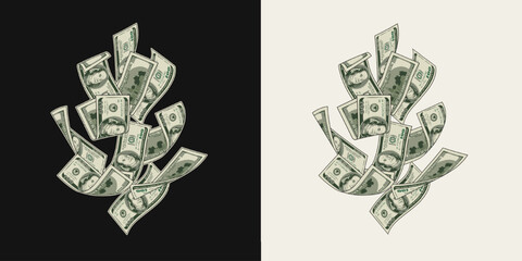 Falling, flying 100 dollar banknotes, dollar notes. Pile of cash money. Composition, design element in vintage style.