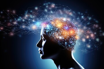 Obraz premium Vibrant realm brain, colorful neuronal network convergent thinking. Axon traverse thoughts, suppressor pathway. Wakefulness frontal lobe function, mindset habits. Neuronal network magnetic pull axon.