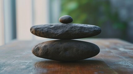 A stack of rocks placed on a wooden table. This versatile image can be used to represent balance, nature, or even meditation