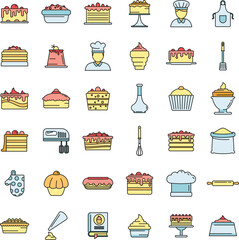Confectioner home icons set. Outline set of confectioner home vector icons thin line color flat on white
