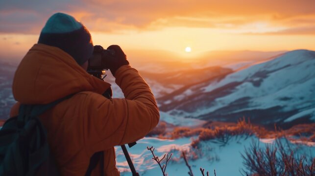 A man capturing a photograph of the sun. Ideal for illustrating photography, nature, or travel concepts