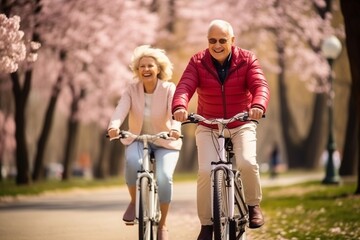 Happy senior couple of European people riding bicycles in a spring blossoming park. AI Generated