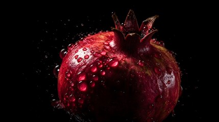 Fresh pomegranate with water splashes and drops on black background