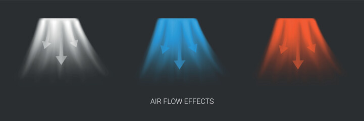 Set of air flows. Normal, cold and hot airflow. Abstract air light effects with arrows indicating the direction of air flowing from an air conditioner