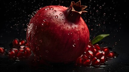 Fresh pomegranate with water splashes and drops on black background