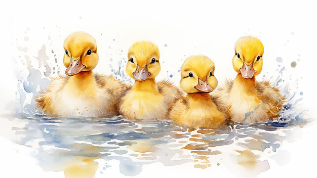 a group of cute ducklings on a white background, watercolor illustration