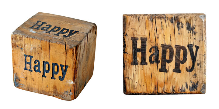 Happy Wooden Block Set Isolated on Transparent or White Background, PNG - Powered by Adobe