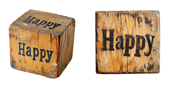 Happy Wooden Block Set Isolated on Transparent or White Background, PNG - Powered by Adobe