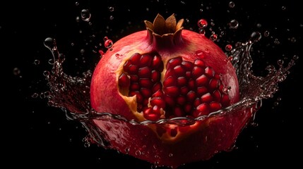 Fresh pomegranate with water splashes and drops on black background