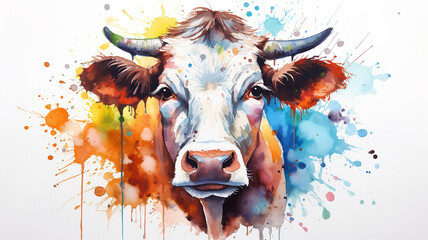 watercolor portrait of a cow, spots of liquid paint isolated on a white background