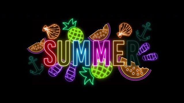 Glowing summer and vacation creative logo design. Hello summer neon elements empty banner. watermelon pineapples palm tree flip flops sea anchor and shell illuminated design elements
