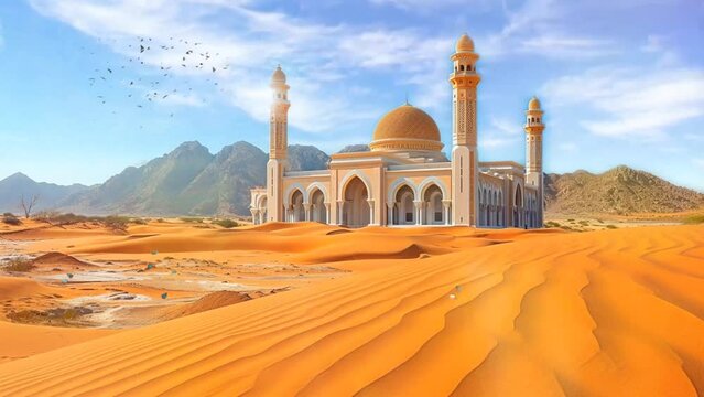 beautiful mosque view of the deset. seamless looping 4k time-lapse virtual video animation background