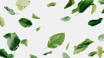 Green leaves floating in the air, creating a mesmerizing scene. Perfect for nature-themed designs and environmental concepts - Powered by Adobe