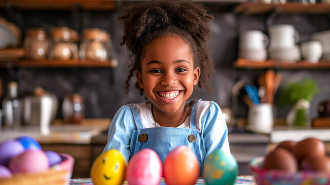 Portrait of African american girl smiling with her painted easter eggs.  - Powered by Adobe