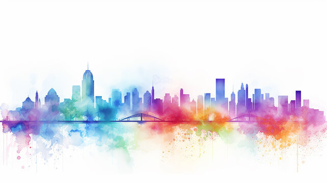 multicolored spectrum silhouette of the city, watercolor illustration on a white background, cityline liquid paint, isolated print