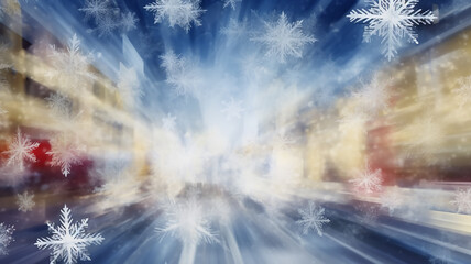 winter, snowfall, blurred urban background, snowflake illustration in street traffic, abstract festive backdrop