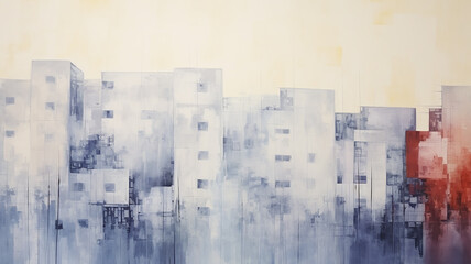 city, line of houses, street art work painting in impressionism style, light background white and blue shade design - obrazy, fototapety, plakaty