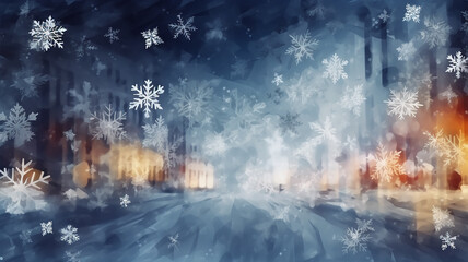 winter, snowfall, blurred urban background, snowflake illustration in street traffic, abstract festive backdrop