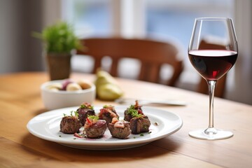 glass of red wine next to a plate of gourmet stuffed mushrooms - obrazy, fototapety, plakaty