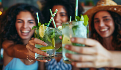 close-up friends enjoying happy hour toasting fresh mojito cocktails at open bar 