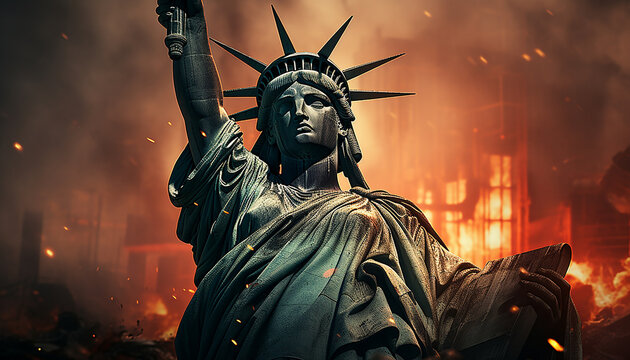 The statue of Liberty crying, inflation concept, a falling graph. The economic crisis in America. Decline in industrial production in the United States. The deterioration of the US economic indicators