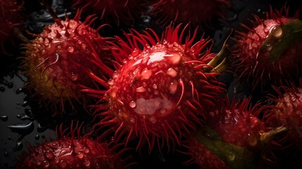 Fresh rambutan with water splashes and drops on black background
