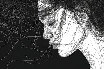 A black and white drawing of a woman's face. Suitable for artistic projects and graphic design