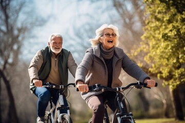 Fototapeta na wymiar Happy senior couple of European people riding bicycles in a spring blossoming park. AI Generated