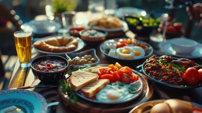 A wooden table adorned with an array of delicious food, perfect for a family gathering or a festive meal. This image can be used to showcase culinary delights and set a warm and inviting atmosphere