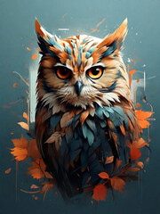 Watercolor portrait of an owl with an orange and blue eyes. Created using generative AI tools
