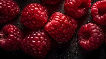 Fresh raspberries with water splashes and drops on black background