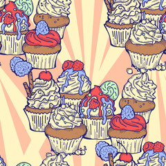 Tasty sweet cupcake dessert decorative seamless vector pattern for textile design, fabric print, digital or wrapping, wall paper, background and backdrop, bakery shop decoration, cafe, restaurant menu