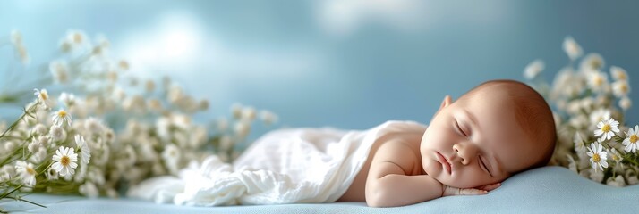Newborn Baby Sleeping On Blue Background, Banner Image For Website, Background, Desktop Wallpaper - obrazy, fototapety, plakaty