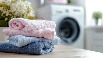 Freshly washed towels on the background of a washing machine