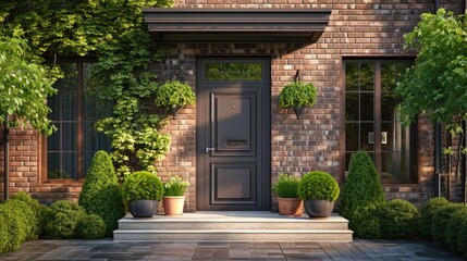 Obraz premium A brick house with potted plants in front of it. Suitable for home decor and real estate concepts