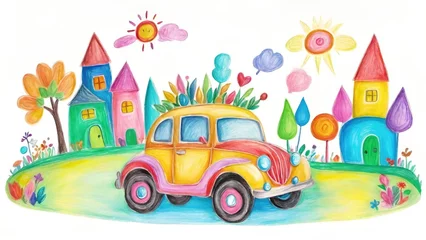 Fotobehang Childlike Drawing of Cars, House, Tree, Sun Illustration, Colorful Chalk Isolated on White Background © dreambender