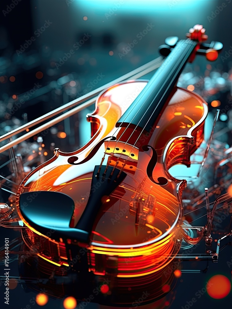 Poster Colorful retro abstraction of musical instruments, modern and abstract multicolor music background with fluid structure, violin and guitar, generative ai