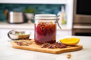 a jar of fermenting beet kvass on a slate kitchen countertop
