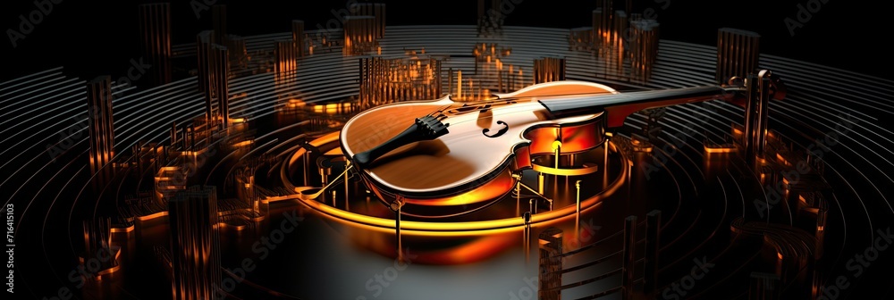Poster Colorful retro abstraction of musical instruments, modern and abstract multicolor music background with fluid structure, violin and guitar, generative ai