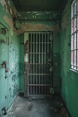 A jail cell door in a run-down building. This image can be used to depict incarceration, crime, or the justice system