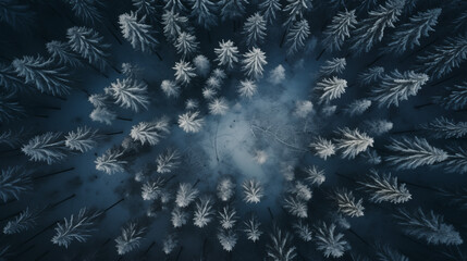 Aerial top view winter forest, pine trees, Spruce trees covered snow. Drone photo. Aerial landscape of green pine spruce woods. A bird's eye view. Nature background, forest scene, outdoor photography