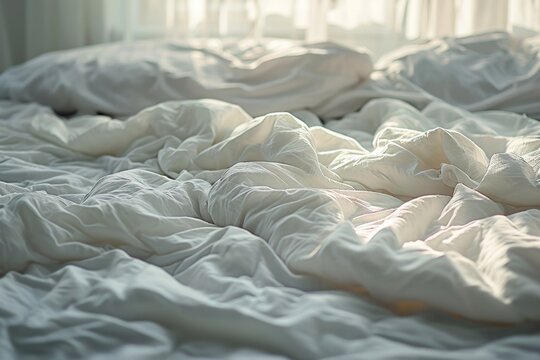 A simple image of an unmade bed with white sheets. Perfect for illustrating a cozy bedroom or a lazy morning.