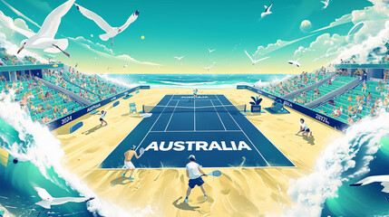 The image depicts a surreal scene combining a tennis match and a beach setting. In the center, a tennis court with the word 