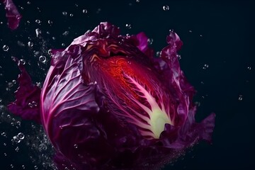 Obraz premium Fresh red cabbage flying with water splashes on bright color background