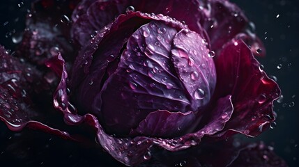 Fresh red cabbage with water splashes and drops on black background