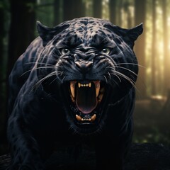 Naklejka na ściany i meble Terrible roaring black panther blur background image 