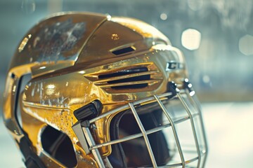 A hockey goalie mask with a gold helmet on it. Can be used for sports designs and hockey-themed projects